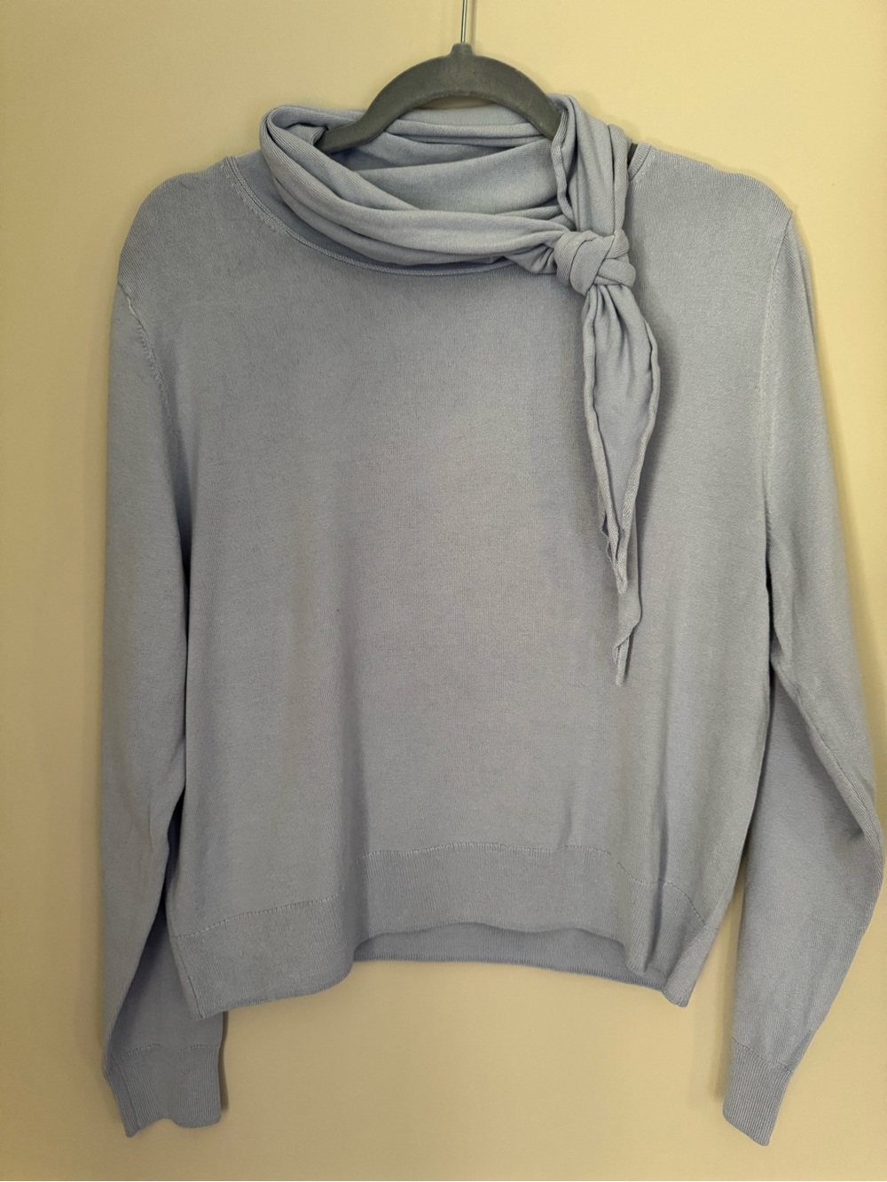 H&M Light Blue Fine Knit Scarf Collar Tie Neck Sweater Size L